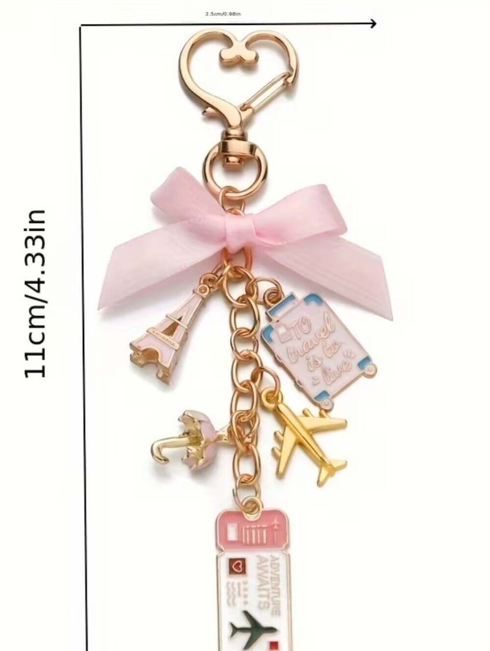 Coquette Travel Keychain Pink Bow Airplane Eiffel Tower Charm Bag Charm - Picture 3 of 7